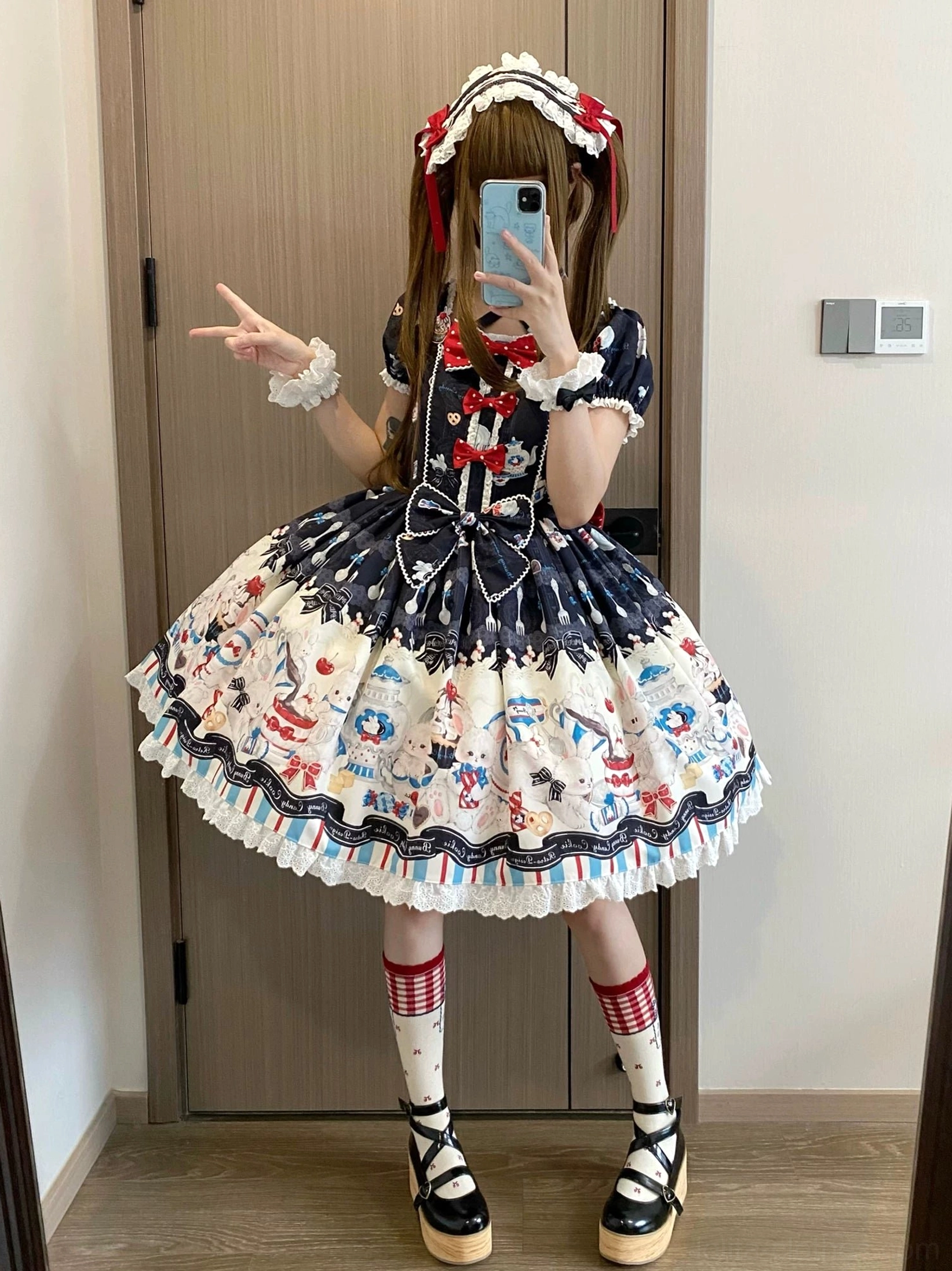 Sweet Lolita Salopette suspender dress bunny print tea party illustration side zipper sleeveless straps