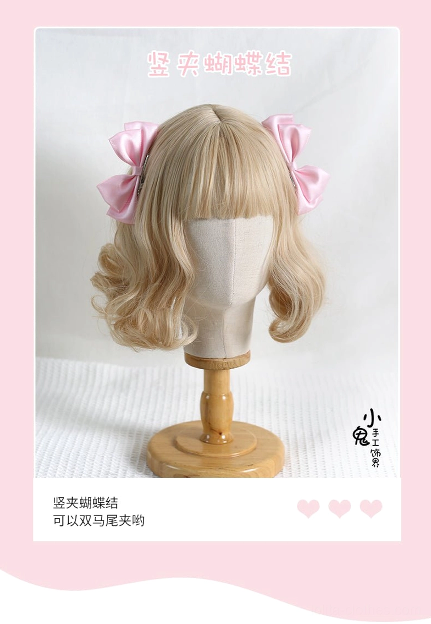 Sweet Lolita satin bow hair clips color variety showcase displaying multiple color options light pink red white black blue purple for lolita headdress styling