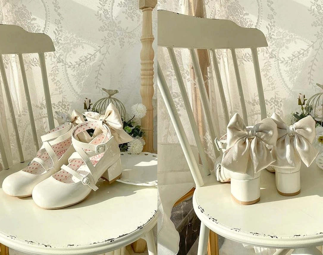 Sweet lolita shoes with detachable bow attachment mechanism close-up removable bow system