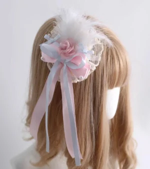 Lolita side hair clip with fluffy feather pink silk rose satin bow streamers lace base profile view