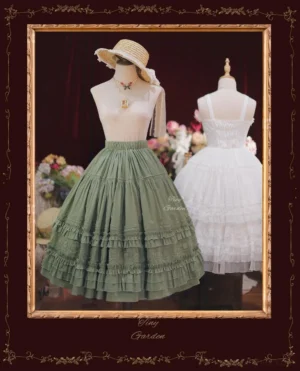 sage-green-sweet-lolita-tiered-skirt-front-view-high-waist-a-line-silhouette-multi-layered-ruffles