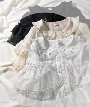 Sweet Lolita snowflake chiffon blouse in three colors - white, ivory, and black - displayed flat lay with pearl-trimmed doll collar, tiered mesh puff sleeves, and delicate lace chest panel