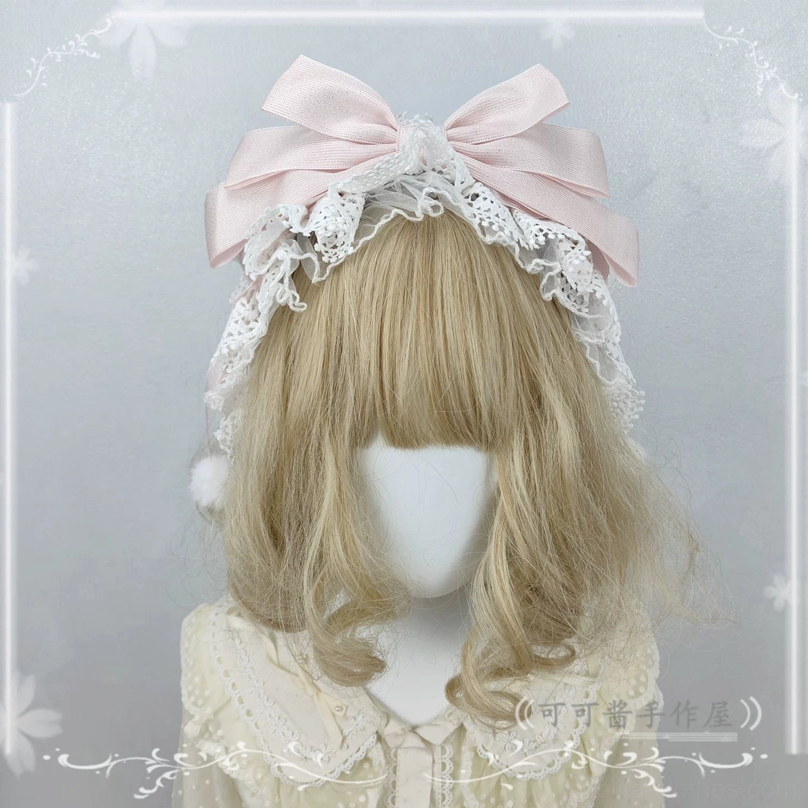 Soft Pink Sweet Lolita Headband with Large Satin Bow, White Lace Edging, and Visible White Pompom Side Detail
