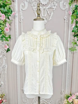 Sweet Lolita stand collar cotton blouse cream white with puff sleeves and lace trim front view on mannequin