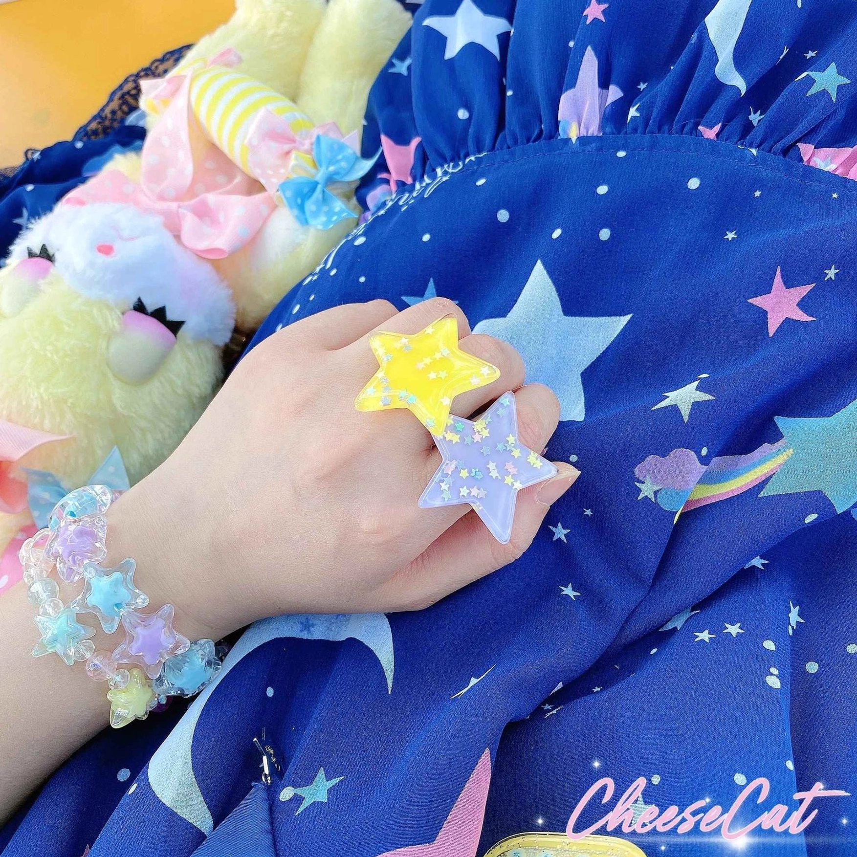 Sweet Lolita star crystal beaded bracelet paired with matching accessories showcasing versatile coordination options for different Lolita outfits and seasonal themes
