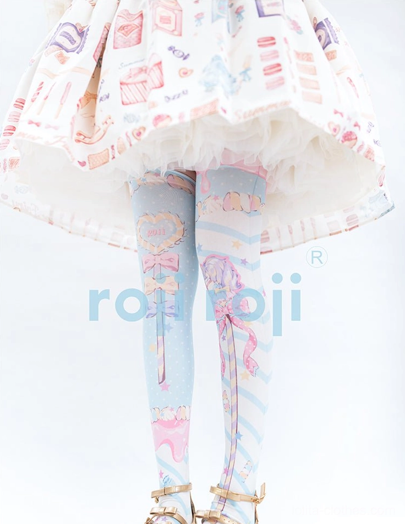 Sweet Lolita printed pantyhose back view featuring consistent bow heart lollipop and cartoon character print patterns