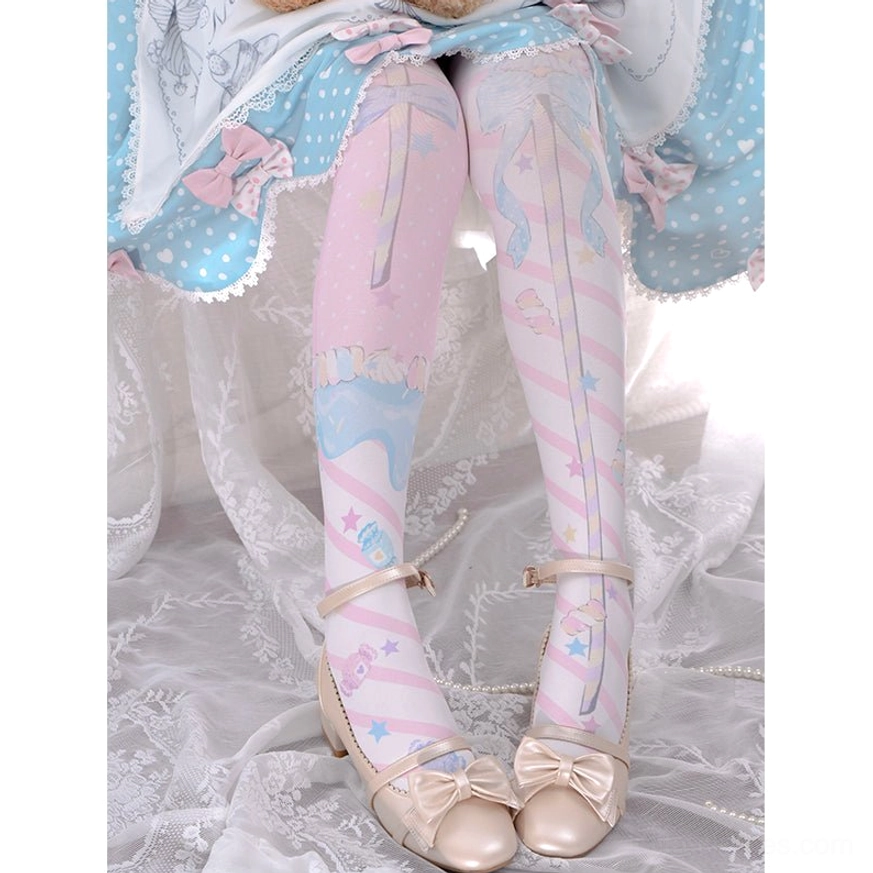 Dual-tone sweet Lolita printed stockings with pink and light blue color split featuring stars and ribbon decorative prints