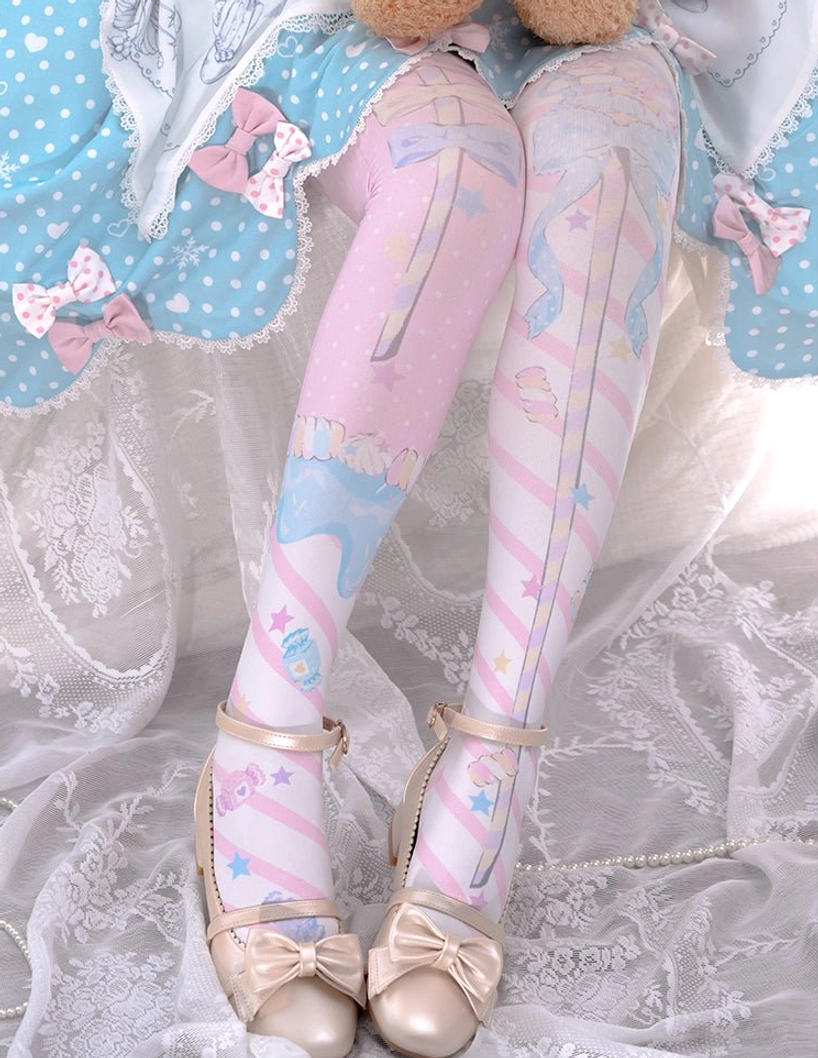 Sweet Lolita printed stockings close-up texture and print detail velvet fabric quality pastel color palette