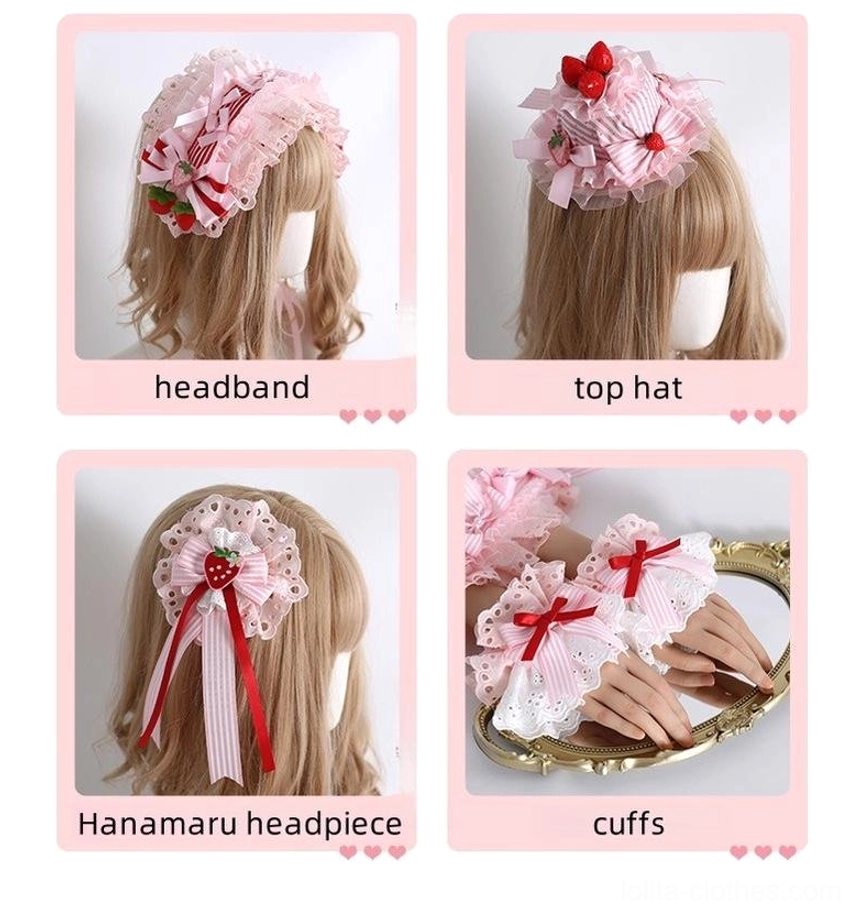 Sweet lolita strawberry head accessory collection detail shot showing intricate lace work and strawberry embellishments on pink fabric
