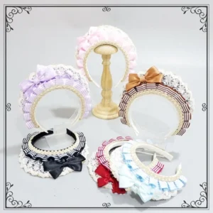 sweet lolita striped maid headdress multicolor collection display with various color options on stands