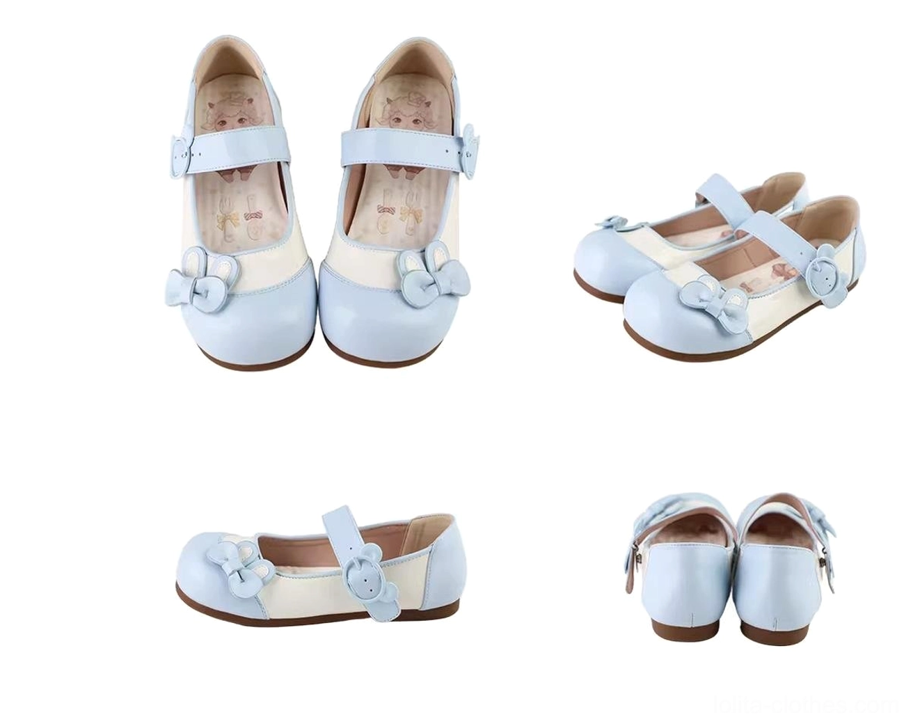 Bunny ear lolita flat shoes sweet substyle coordination guide showing styling with pastel puffed skirts peter pan collar blouses and chunky hair clips