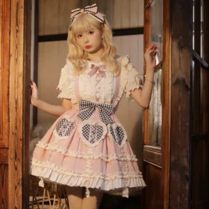 Sweet Lolita summer blouse and suspender skirt coordinate set front view blonde model vintage doorway