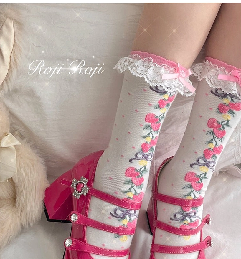 sweet lolita thigh-high cotton socks detail shot floral prints botanical design delicate lace elements close-up photography