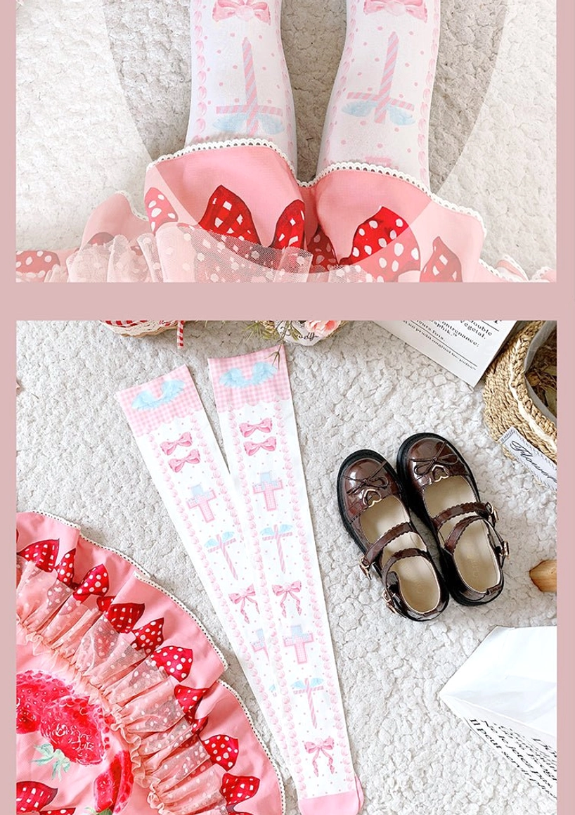 Sweet lolita thigh high stockings full length display featuring velvet bow cross pattern details and classic kawaii aesthetic styling