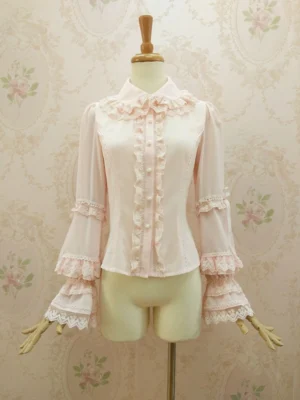 Sweet Lolita double-layer ruffle chiffon blouse front view with peter pan collar and tiered ruffles on mannequin