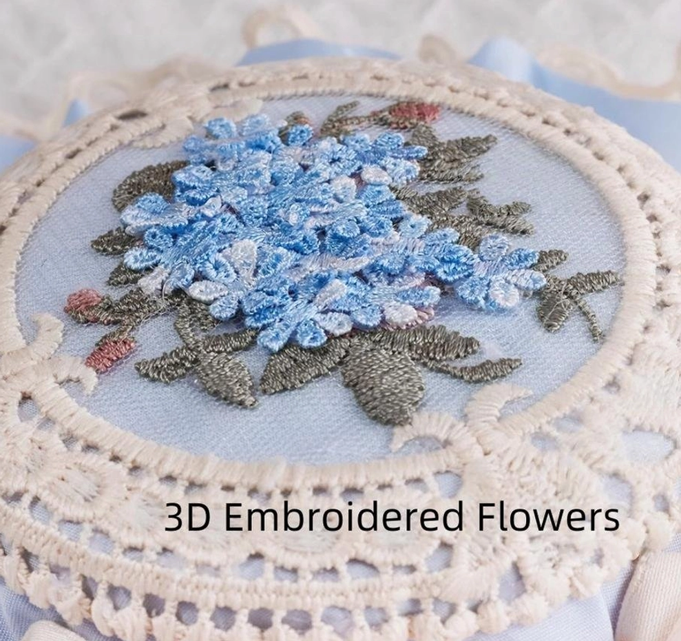 Sweet Lolita floral embroidery top hat with secure attachment clips, showing front view of miniature hat design with coordinating ribbon bow and lace trim