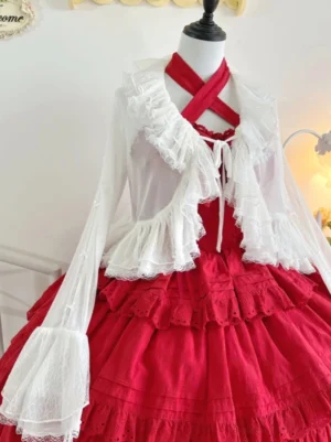 Sweet lolita sheer tulle bolero cardigan front display on dress form, featuring ruffle lace collar and flared bell sleeves, layered over red cross-strap lolita skirt