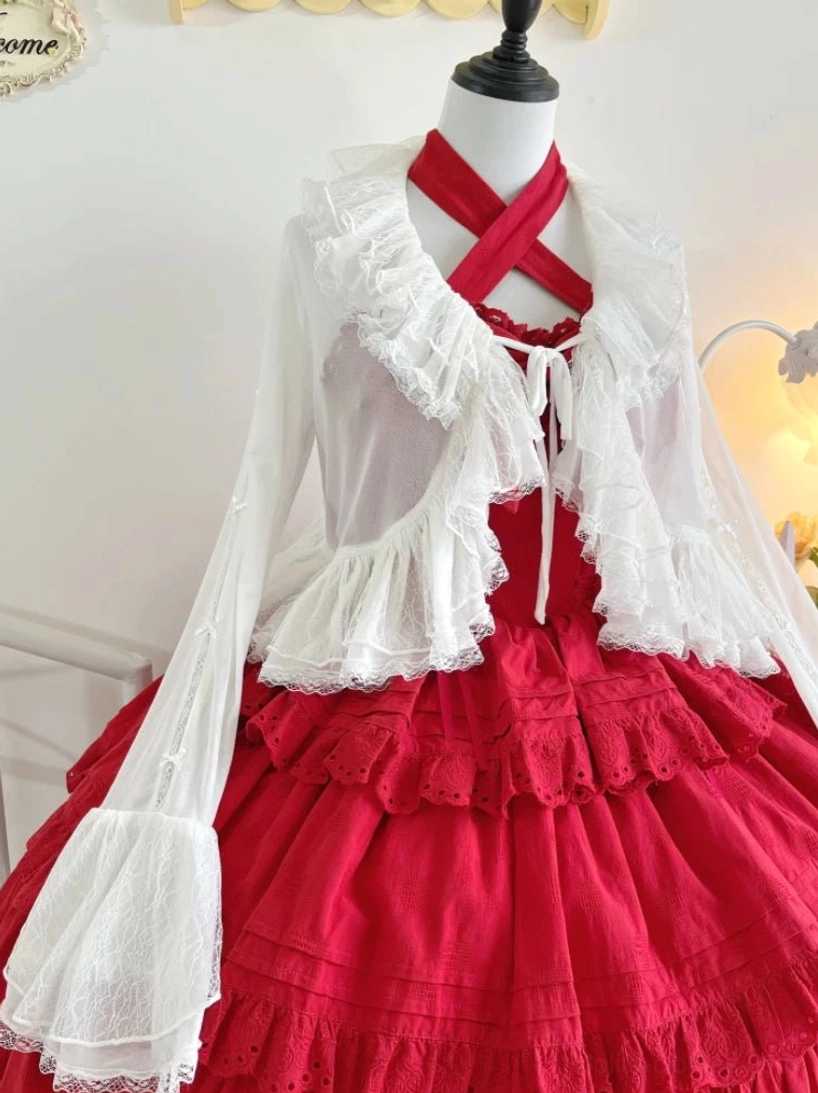 Sweet lolita sheer tulle bolero cardigan front display on dress form, featuring ruffle lace collar and flared bell sleeves, layered over red cross-strap lolita skirt