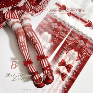 Sweet Lolita velvet pantyhose in red and white colorway with bow and stripe print, styled with coordinating red Mary Jane shoes and ruffled Lolita skirt, overhead leg wear showcase