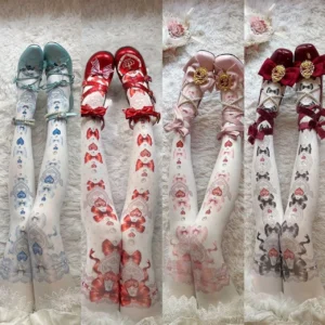 Sweet Lolita printed velvet thigh-high tights multi-color collection flat lay display featuring red pink black and light blue colorways with matching bow and polka dot prints on fluffy background