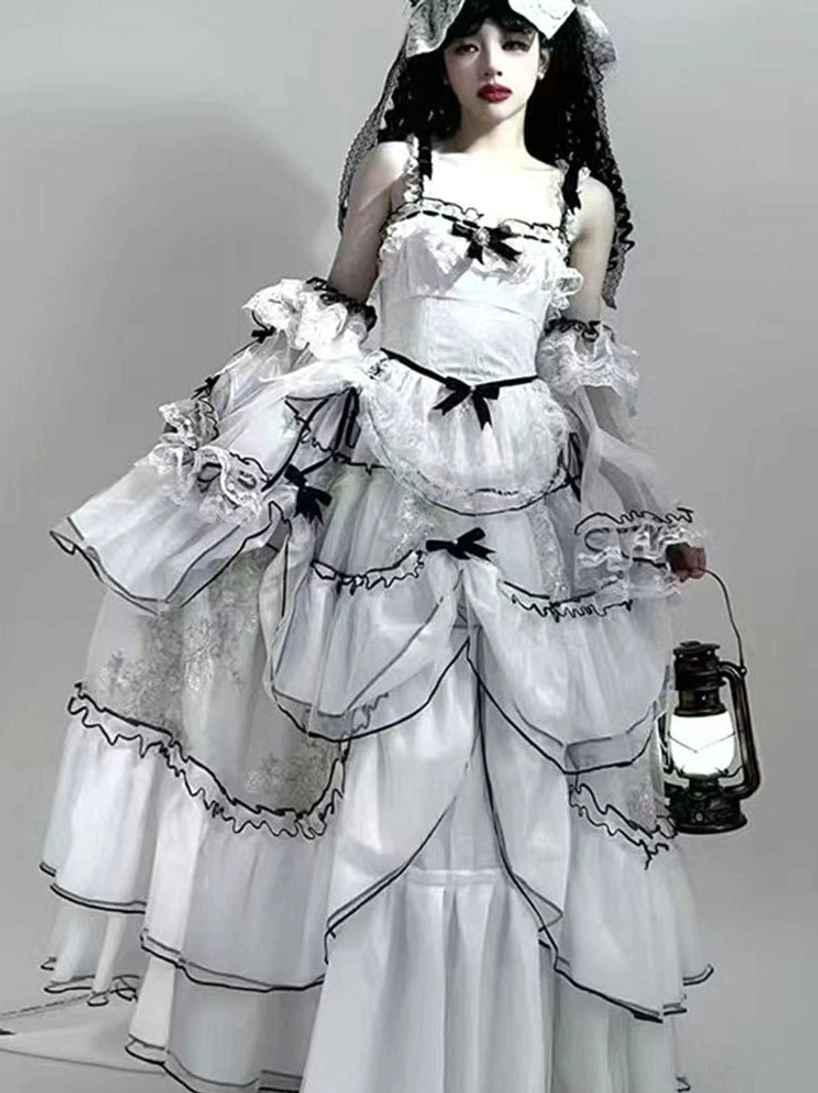 Sweet lolita wedding dress back halter or cross-back construction detail showing structural support design and back shirring for comfort fit
