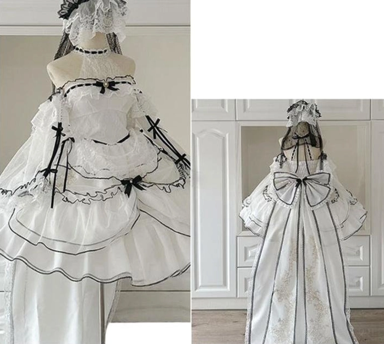 Sweet lolita wedding dress complete product display showing all coordinate pieces including dress, veil, sleeves and accessories in styled presentation