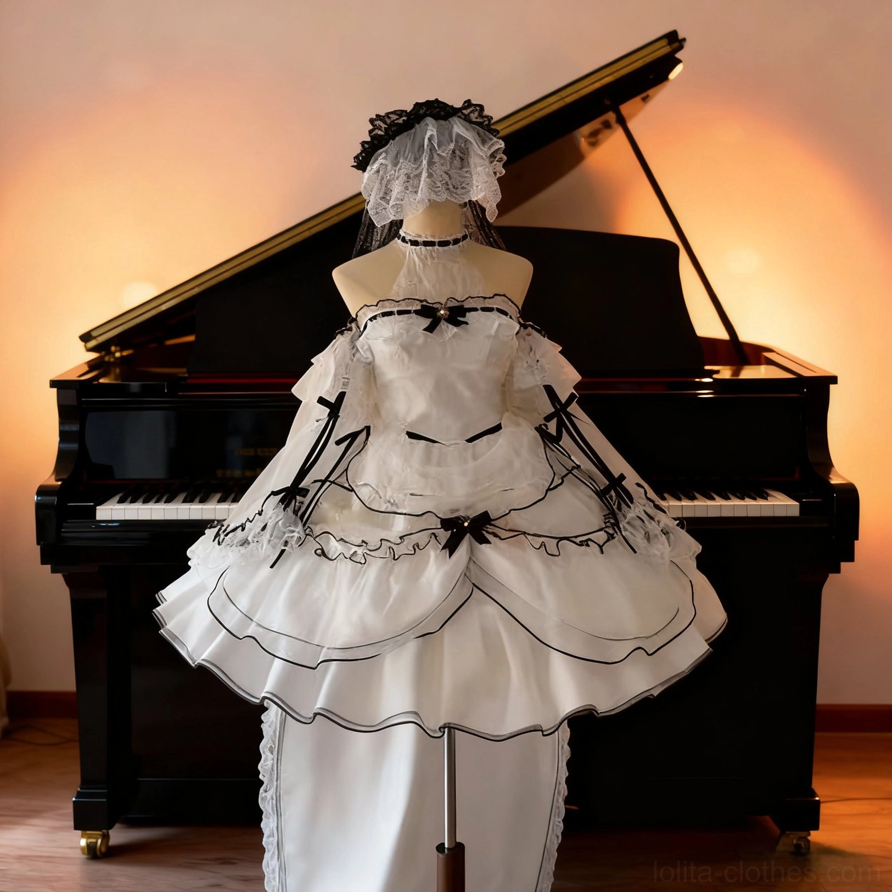 Detailed view of sweet lolita wedding dress construction showing lace detailing, black satin trim work, gold embroidery accents and multi-layered tulle skirt construction
