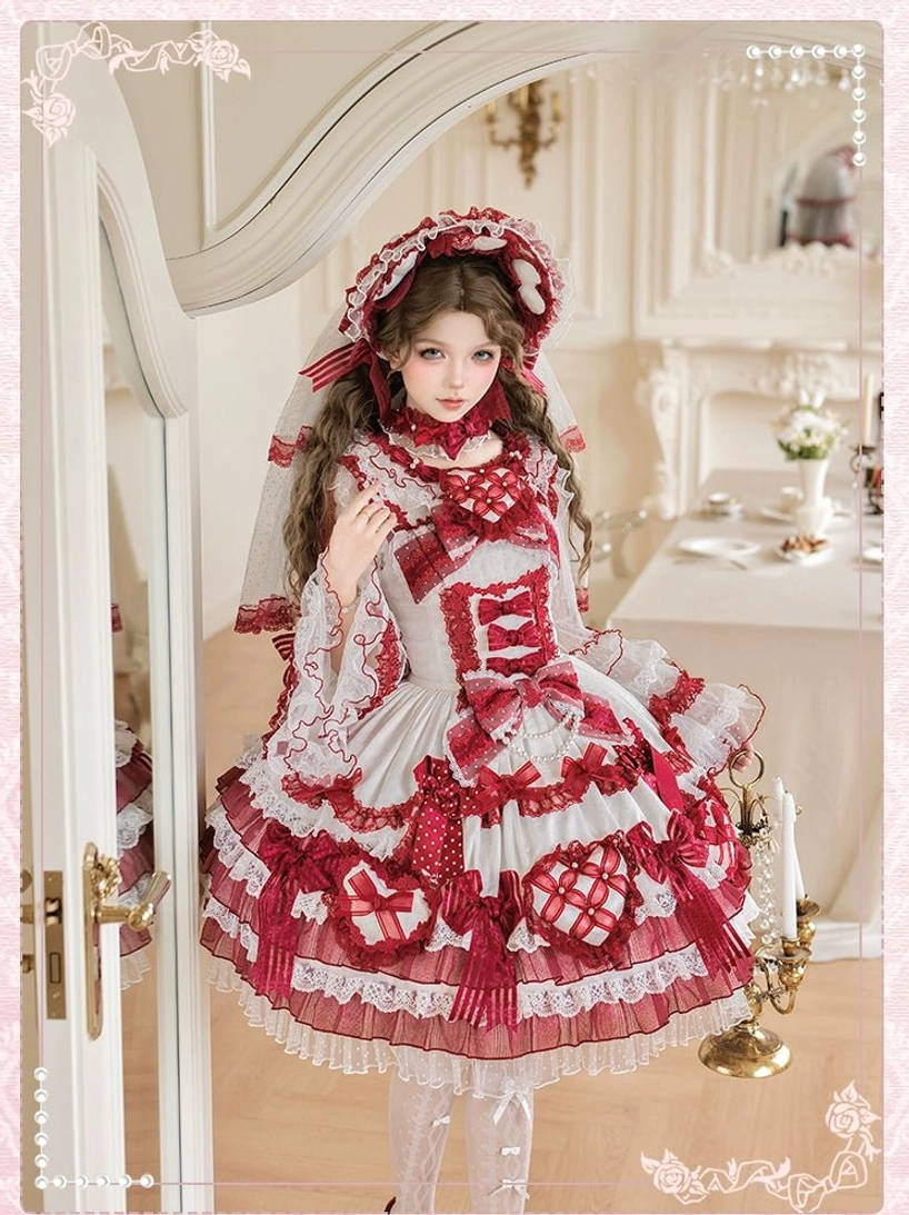 Sweet lolita wedding JSK dress detail ruffled lace layers hem 3-D heart appliqués dimensional heart decorations