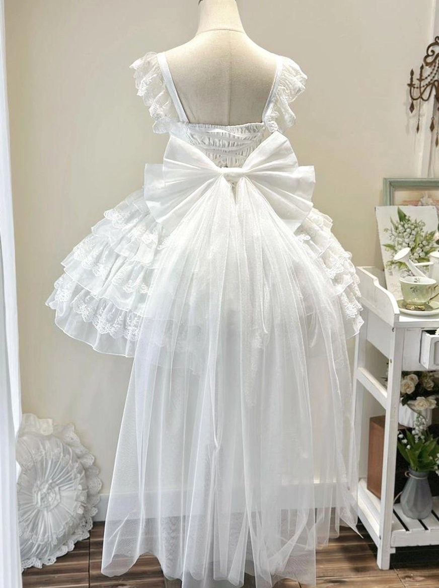 Sweet lolita wedding JSK size chart comparison showing S, M, L measurements for dress length in cm and inches, elastic bust dimensions