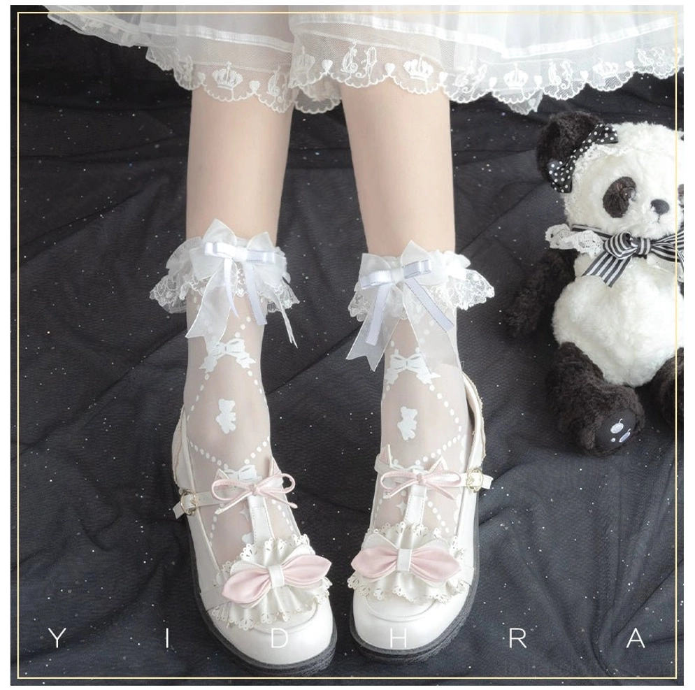 Sweet lolita white ankle socks with detachable lace ruffle worn with pink Mary Jane shoes and panda plush toy paired with white lace skirt