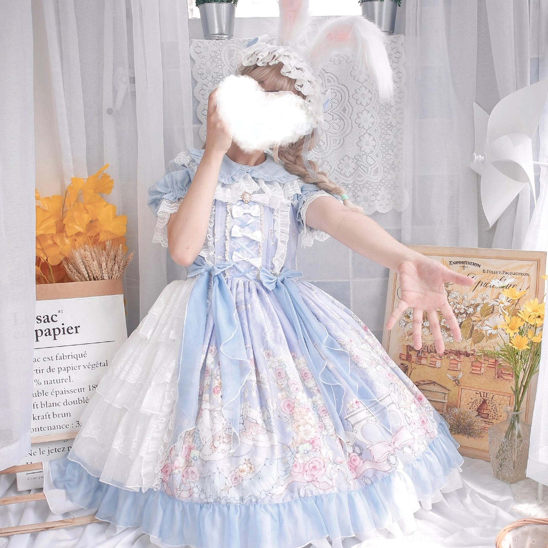 White sweet lolita peter pan collar short sleeve blouse puff sleeves lace trim ruffled collar back view display