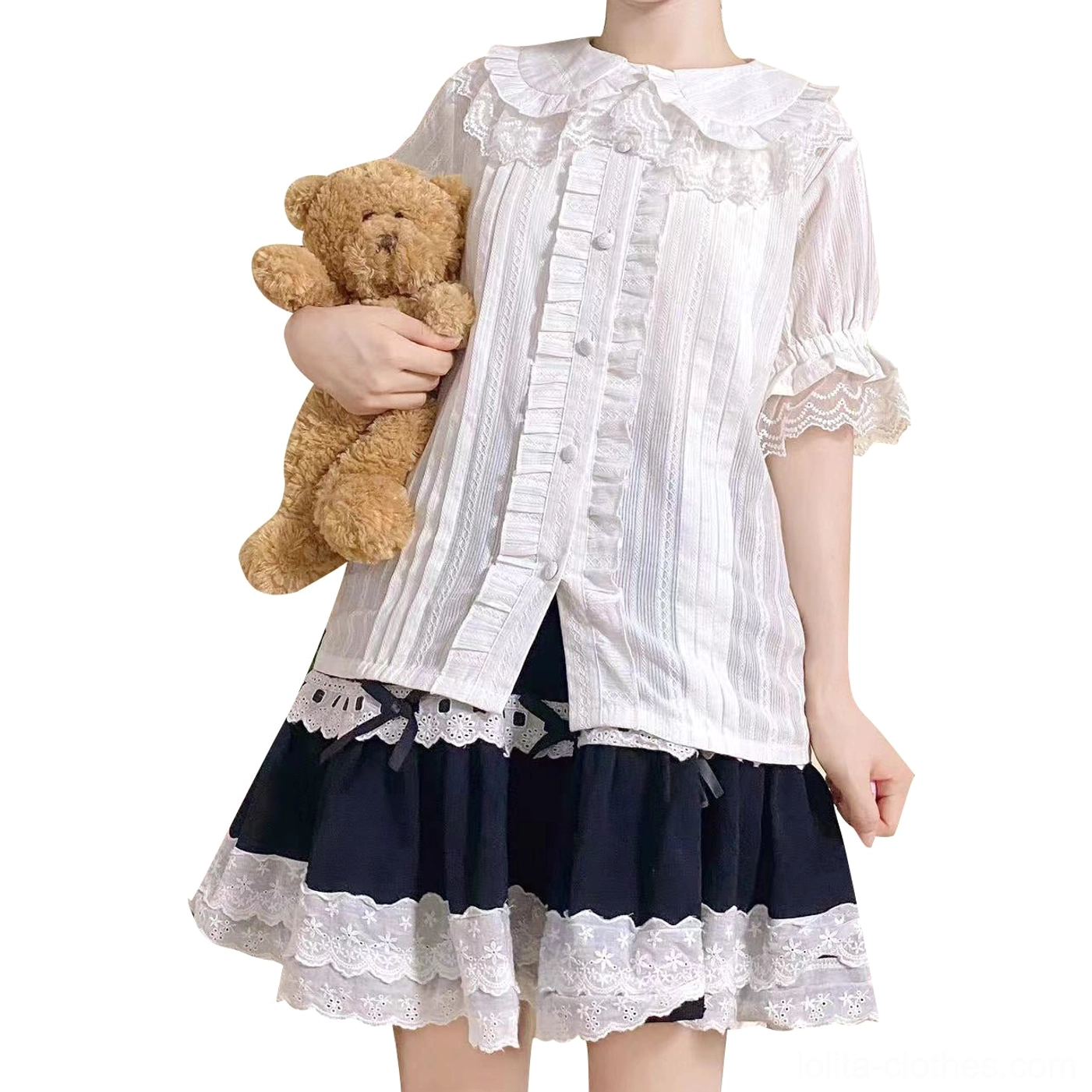 White lolita peter pan collar short sleeve blouse puff sleeves lace trim mannequin display holding teddy bear
