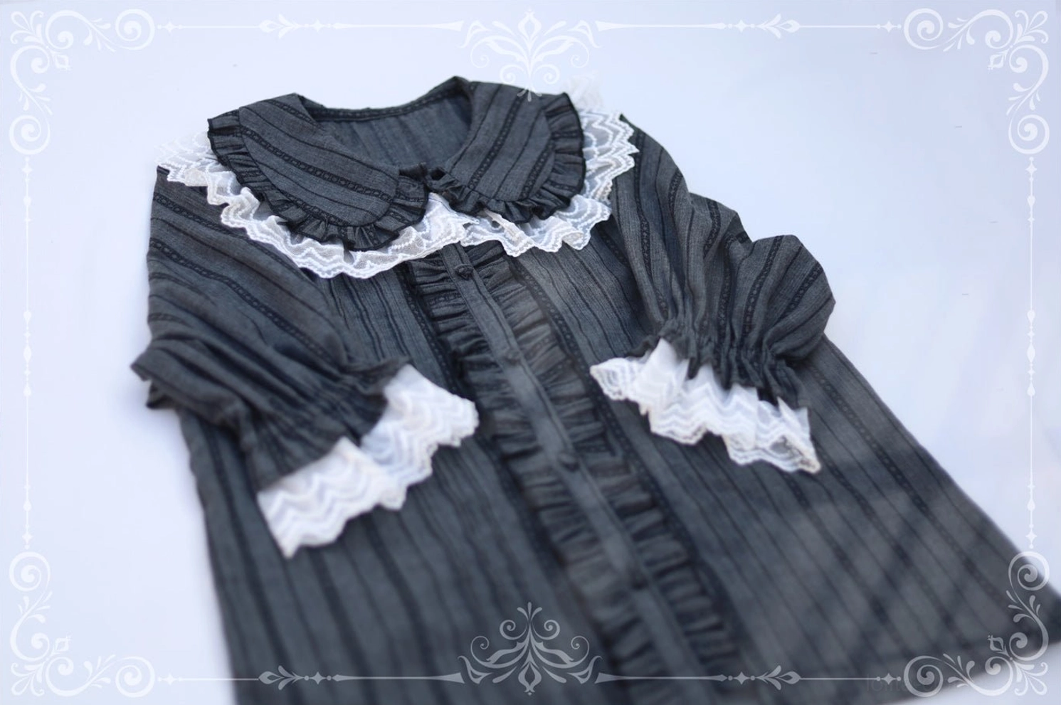 White lolita peter pan collar short sleeve blouse puff sleeves lace cuffs pinstripe fabric full view mannequin