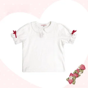 Sweet lolita cotton blouse with white base and red cuff bows, featuring Peter Pan collar and puff sleeves, front flat lay view