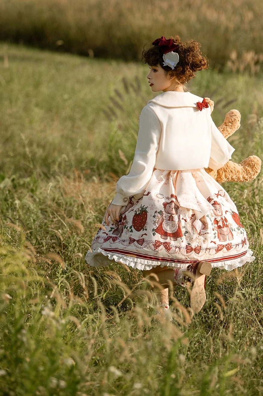 sweet lolita white cape coat burgundy bow embellishment heart chest motif structured outerwear detail
