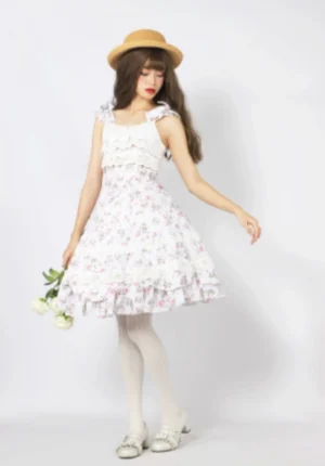 sweet lolita white floral jsk dress sleeveless side view with straw hat