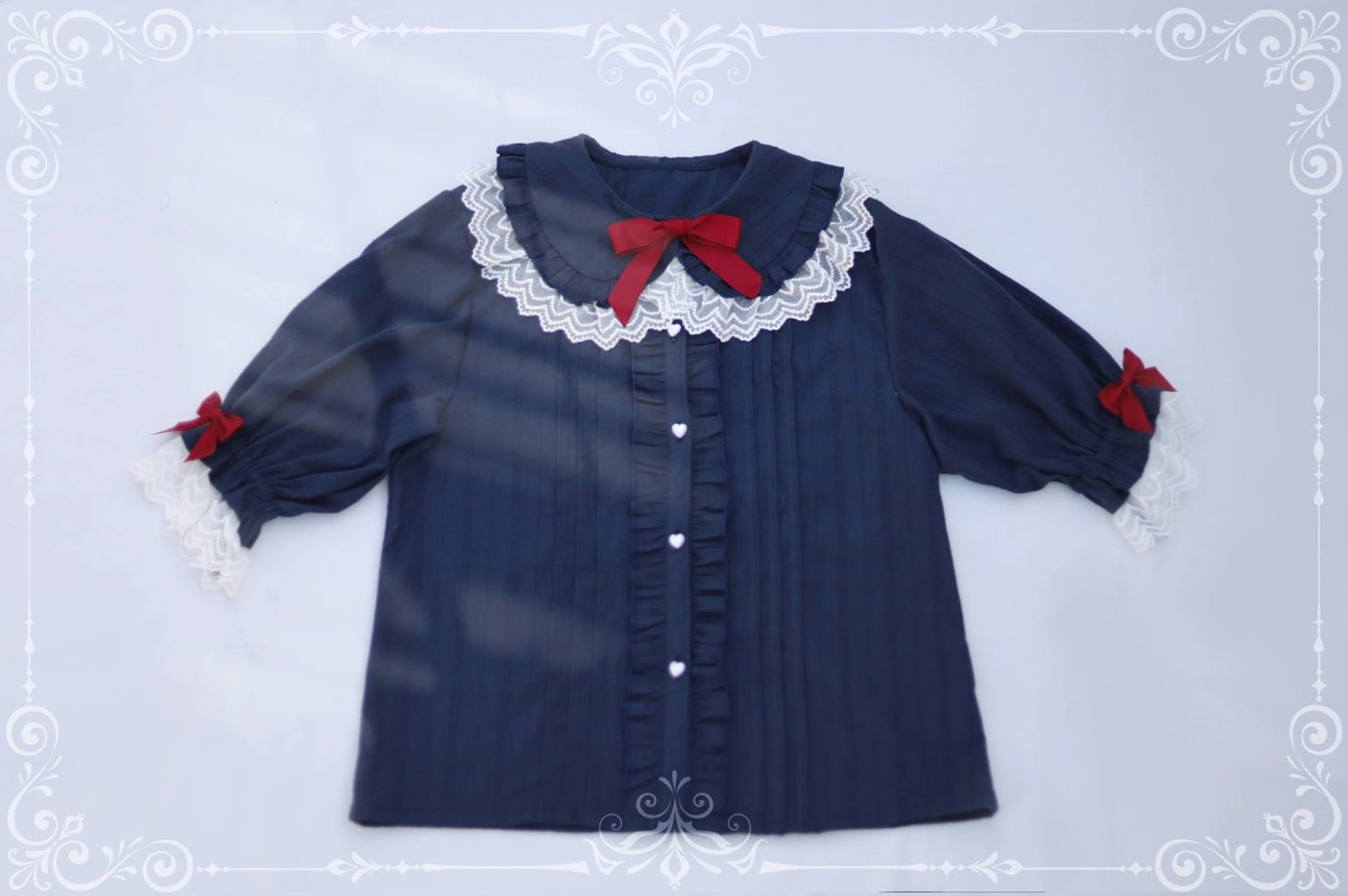 White milk white sweet lolita peter pan collar short sleeve blouse puff sleeves lace trim flat lay display shot