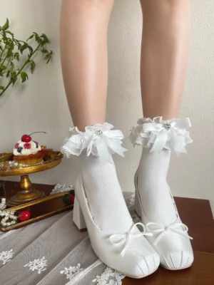 white sweet lolita calf socks with rhinestone bow decoration ruffled cuff paired with white square-toe mary jane heels vintage afternoon tea aesthetic
