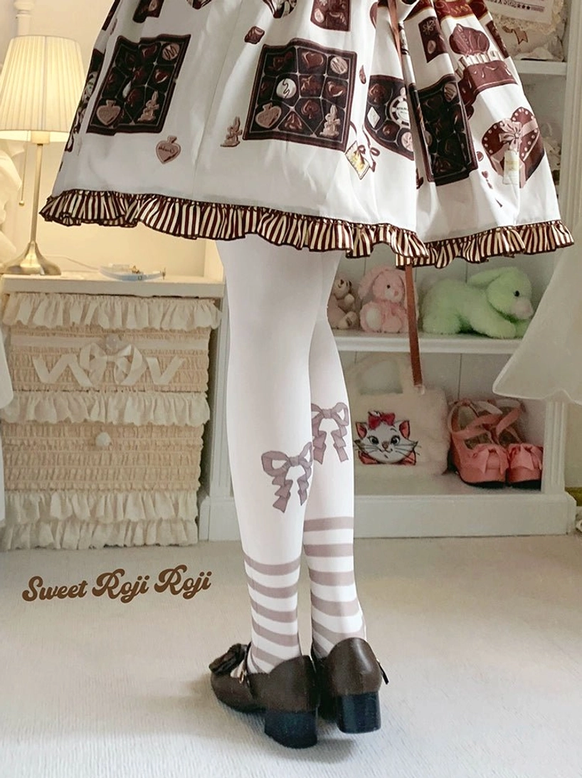 Sweet lolita printed pantyhose back side view featuring white base tights with grey bow prints striped ankle cuffs dark brown block heel loafers lolita aesthetic