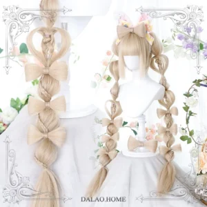 Heart-braided double ponytail lolita wig with matching light golden bows and layered bow knots shown from side and close-up front angles