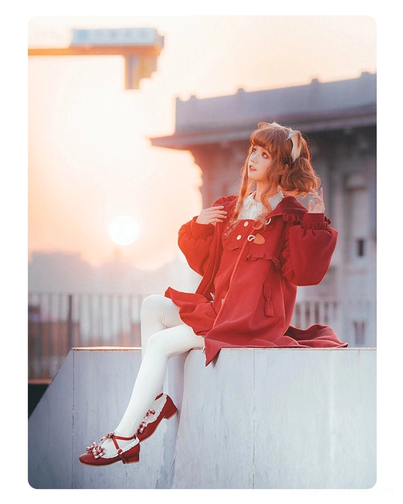 Sweet lolita winter coat cat ear hood burgundy color variant detailed view decorative elements craftsmanship