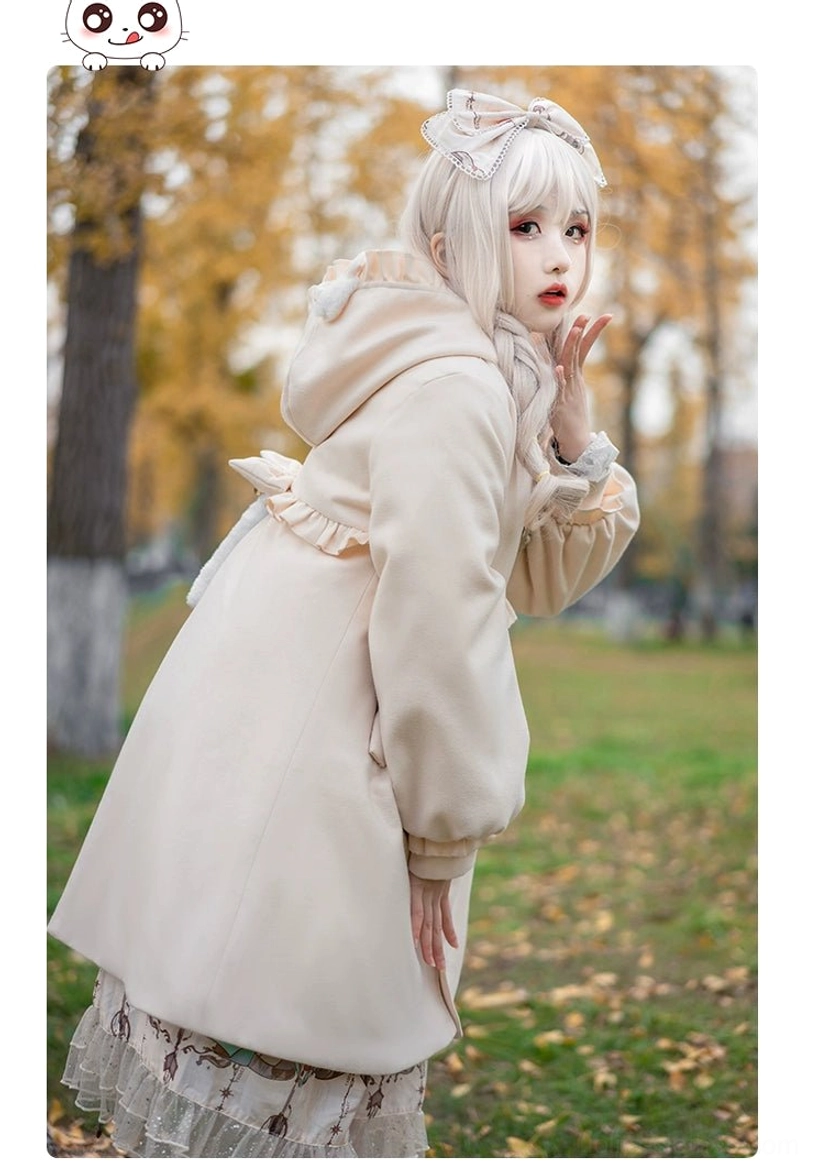 Sweet lolita winter coat complete outfit styling with accessories vintage bag lace tights aesthetic coordination