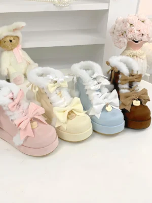 Sweet lolita winter snow boots flat lay featuring multiple pastel color options with fluffy fur trim and detachable satin bows
