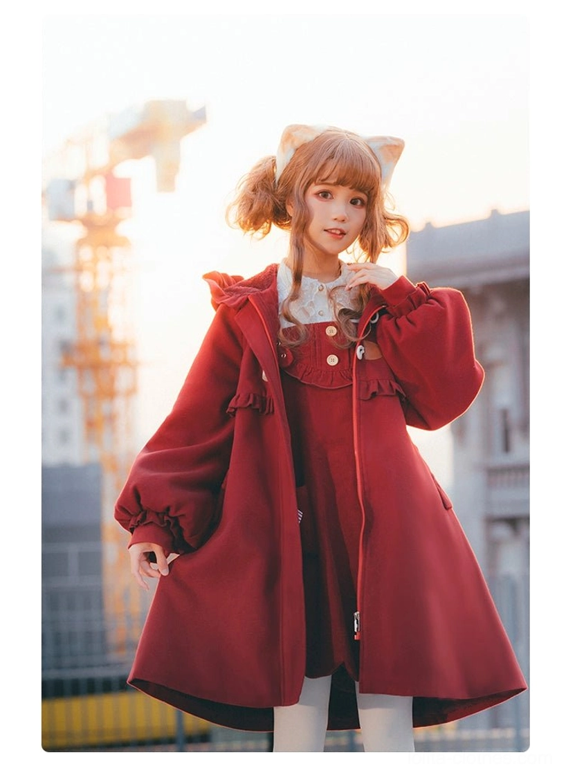 Sweet lolita winter woolen coat black variant cat ear hood ruffled trims full body standing view lolita fashion aesthetic