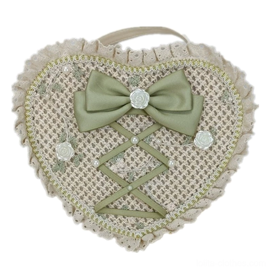 Sweet Lolita woven heart crossbody bag product view with checked texture green butterfly bow pearl floral center and gold braid