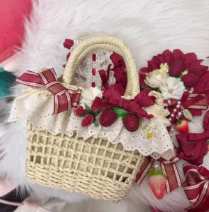 Sweet lolita woven straw handbag with lace collar trim strawberry and daisy embellishments matching ribbon details
