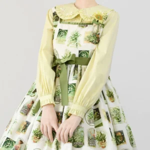 Sweet lolita blouse with peter pan doll collar bubble sleeves yellow plant print jsk coordinate full outfit front view