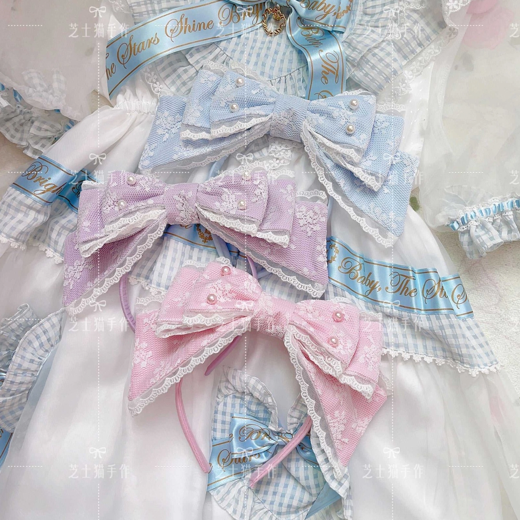 Yellow sweet lolita pearl-embellished KC headband cheerful color option for playful lolita coordinate styling