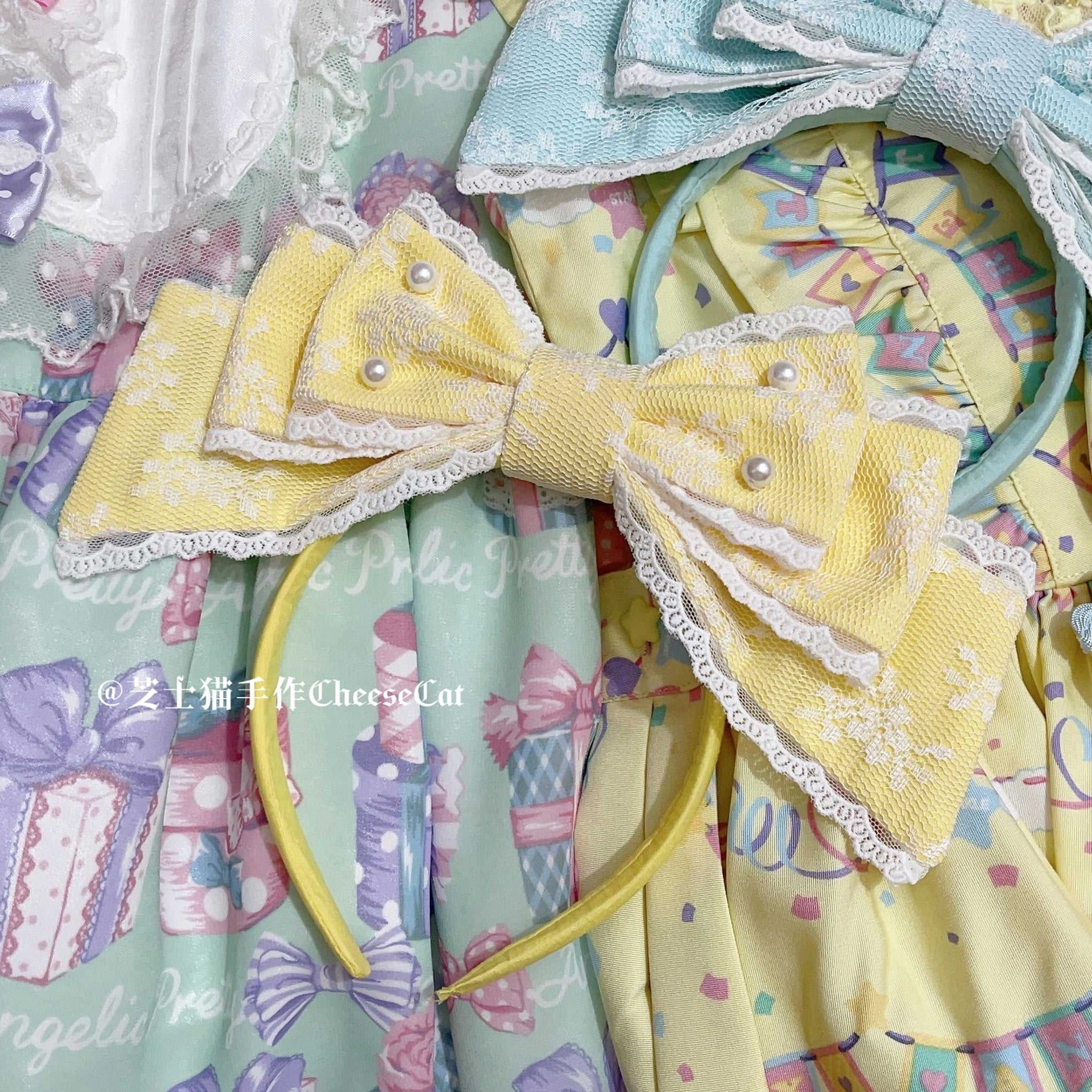 Yellow sweet lolita pearl bow KC headband bright color option shown with styled lolita fashion outfit