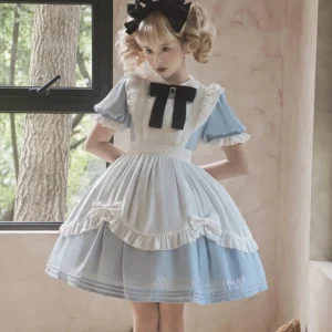 Sweet maid lolita OP dress with Peter Pan collar and detachable apron front full-body view on blonde model in vintage room setting
